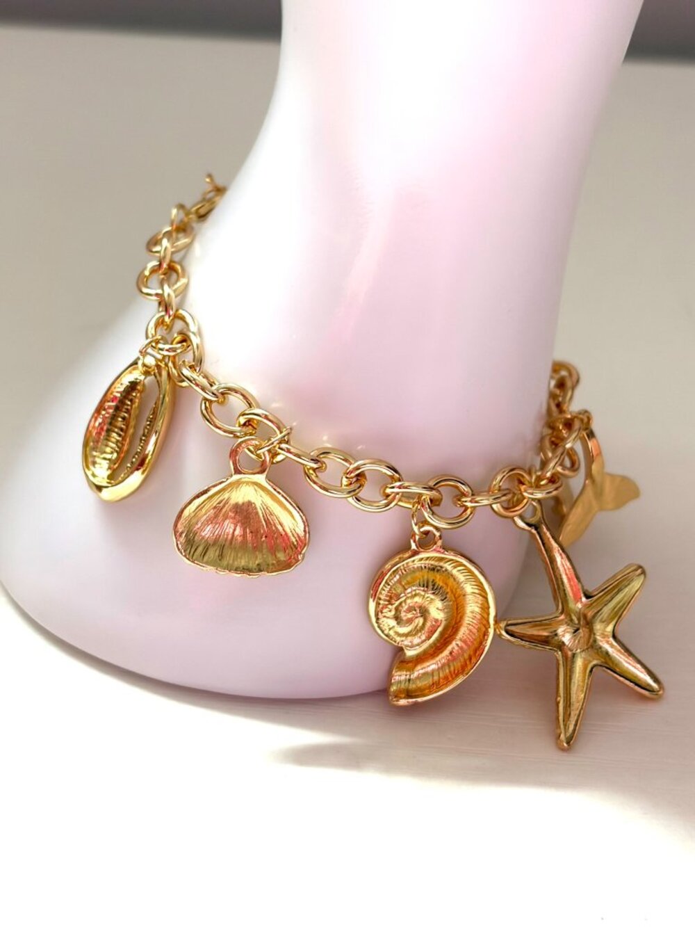 18k Gold Plated Stainless Steel Coastal Charm Bracelet/Anklet, Adjustable 6”+3”